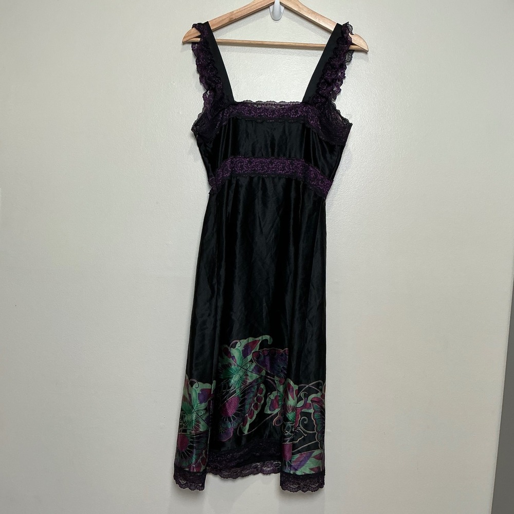 VTG Betsey Johnson 100% Silk Butterfly Dress Sz 6 Black Lace Trim Y2K Fairycore - Picture 5 of 8